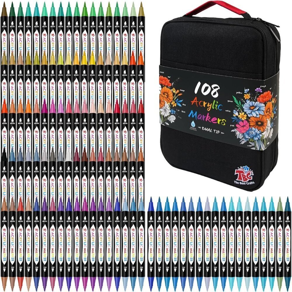 108 Colors Dual Tip Acrylic Paint Markers, Double zipper design Topgrade